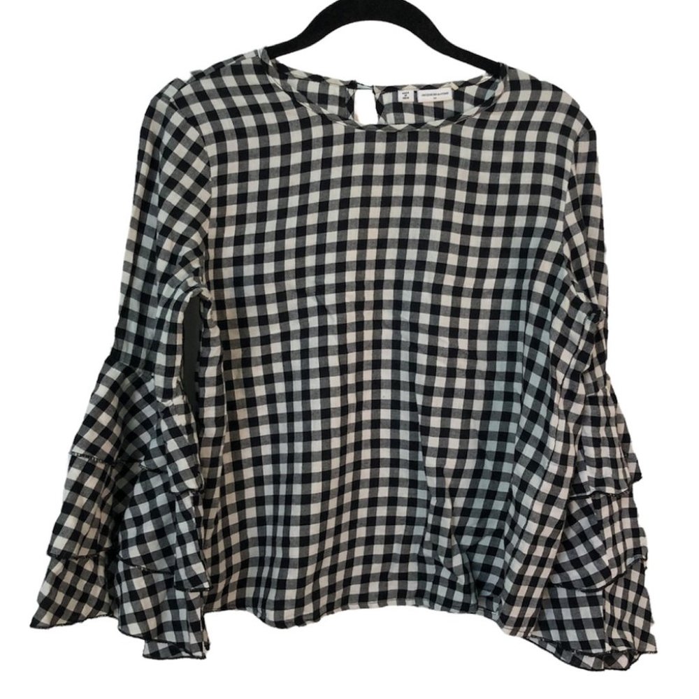 Elegant Checkered Women's Blouse with Ruffle Sleeves